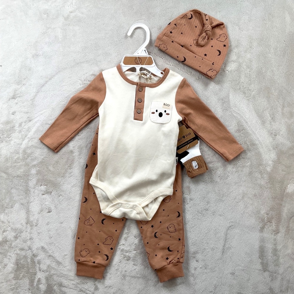 Rabbit + Bear Organic Baby 4-Piece Halloween Ghost Set 6-9M Terracotta Cream Nwt